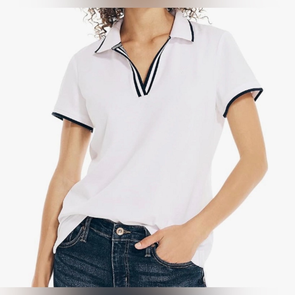 NAUTICA JEANS Women’s White Striped Collared Golf Polo